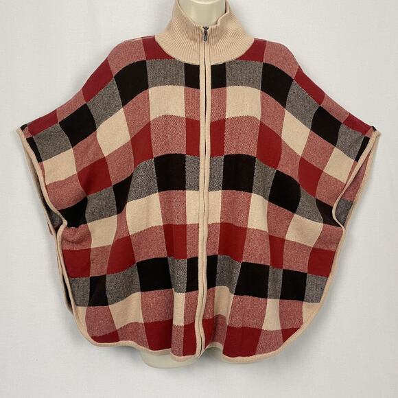 Jones New York Poncho Sweater Womens Small Medium Buffalo Plaid Zip Up Cabincore - Picture 2 of 12
